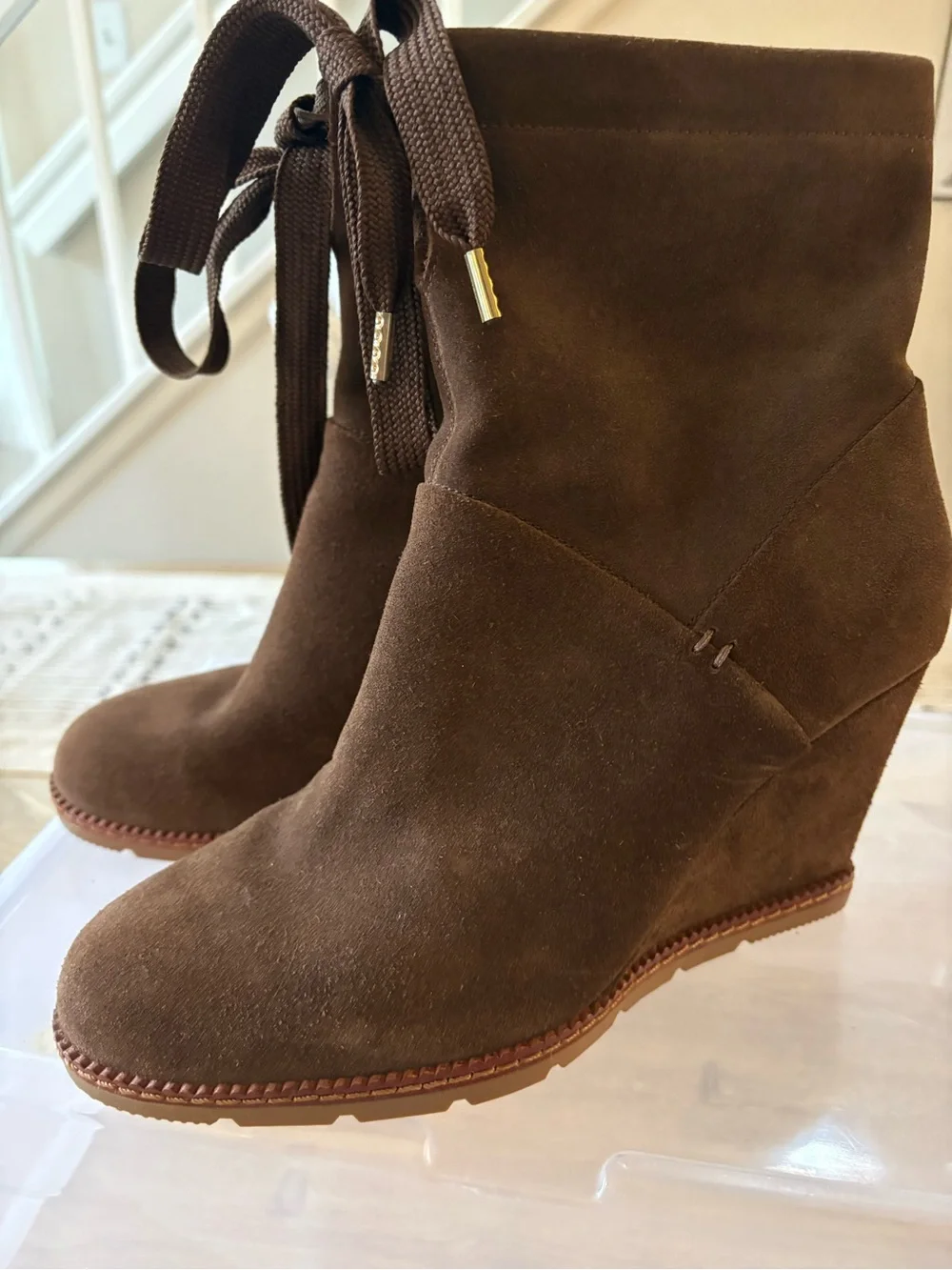 kate spade Brown Suede Wedge Ankle Boots with Lace Tie - Picture 2 of 8